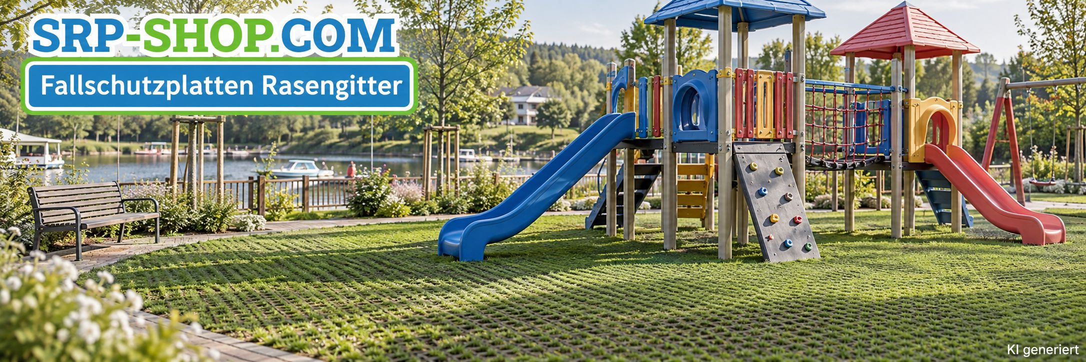 Fallschutzplatten-Rasengitter mit Rasen begrünt auf dem Spielplatz